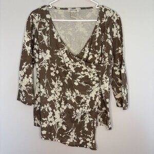 ORVIS Small Faux Wrap Floral Tan Ivory V-Neck 3/4 Sleeve Stretch Top